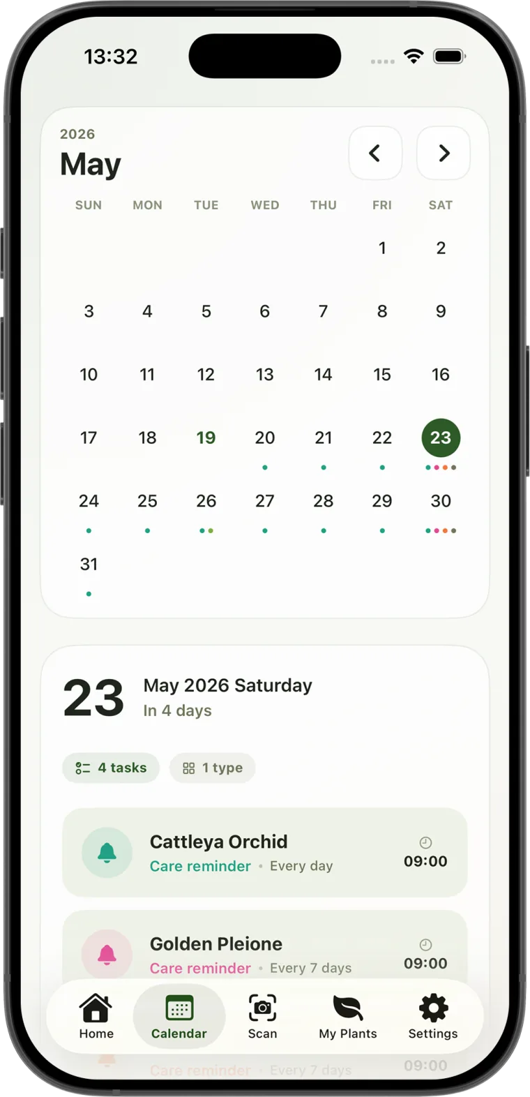 Plant care reminder calendar