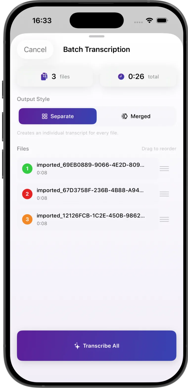 Transcribe audio to text - AI batch processing screen with three audio files and separate or merged output