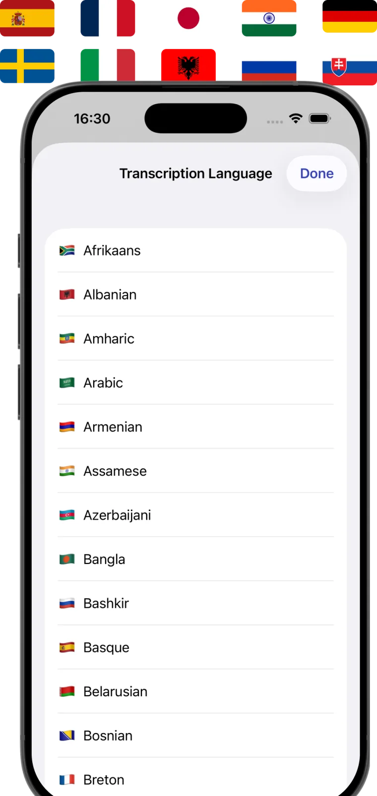 Transcribe audio to text - AI language selector showing a list of spoken languages