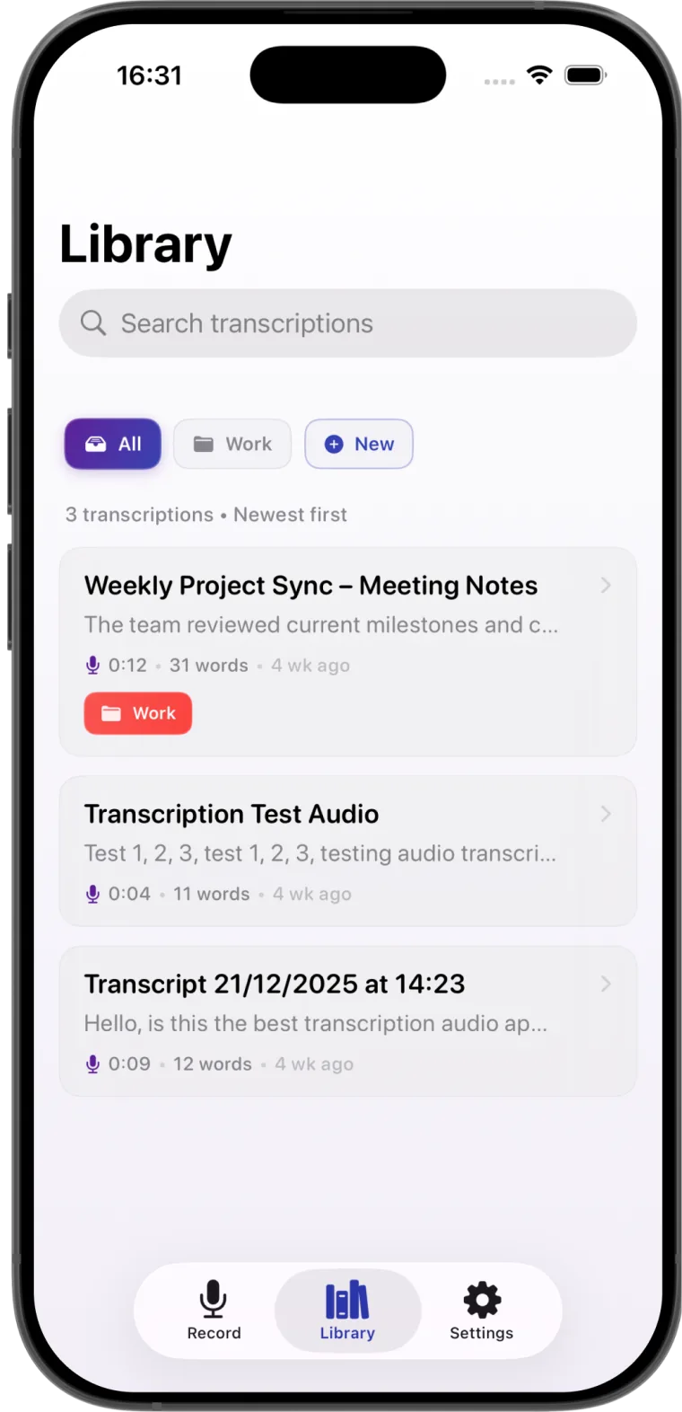 Transcribe audio to text - AI transcript library with search and folders
