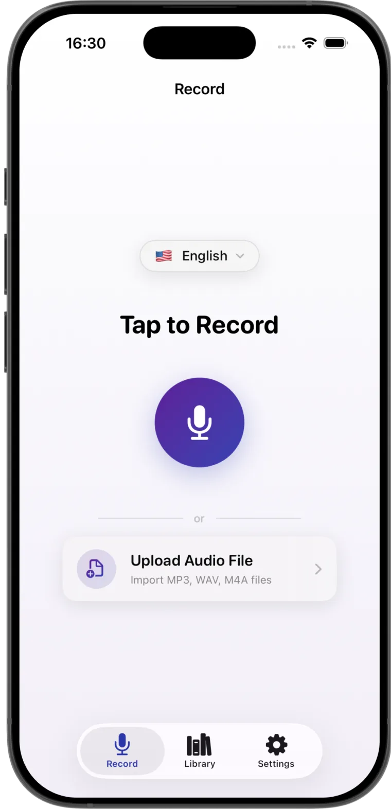 Transcribe audio to text - AI app screen