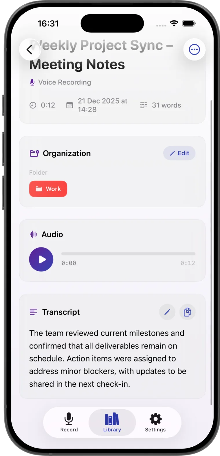 Transcribe audio to text - AI transcript detail showing audio playback and text