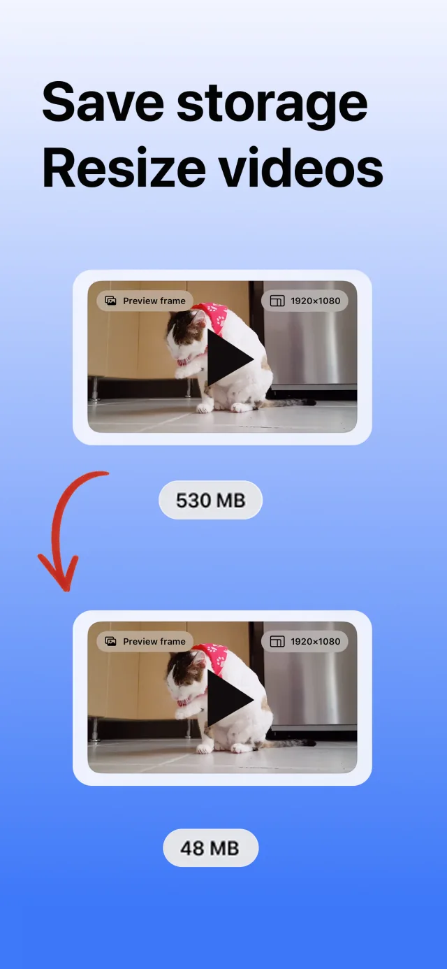 Video Compressor - reduce promotional example comparing a 530 MB video with a 48 MB copy; results vary by video