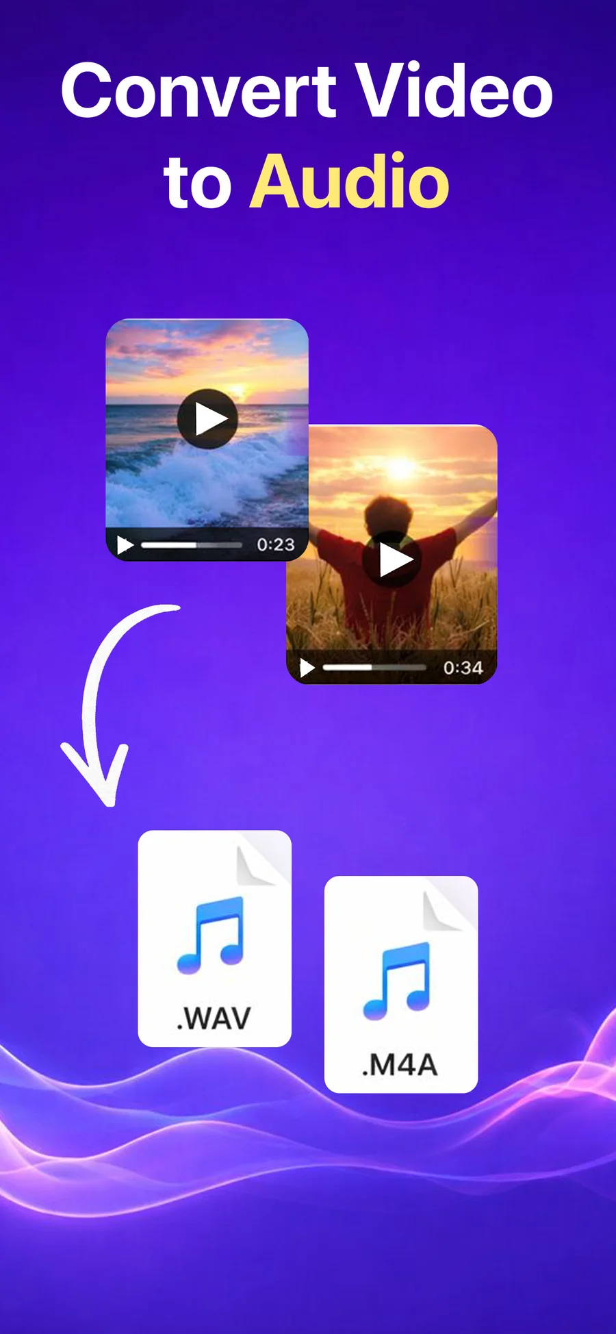Convert Video to Audio - Pro illustration showing two videos becoming WAV and M4A files